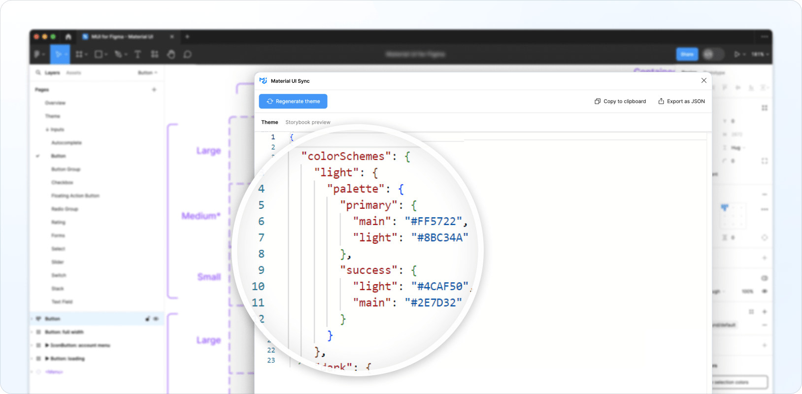 The generated theme displayed in the MaterialĀ UI Sync plugin UI.